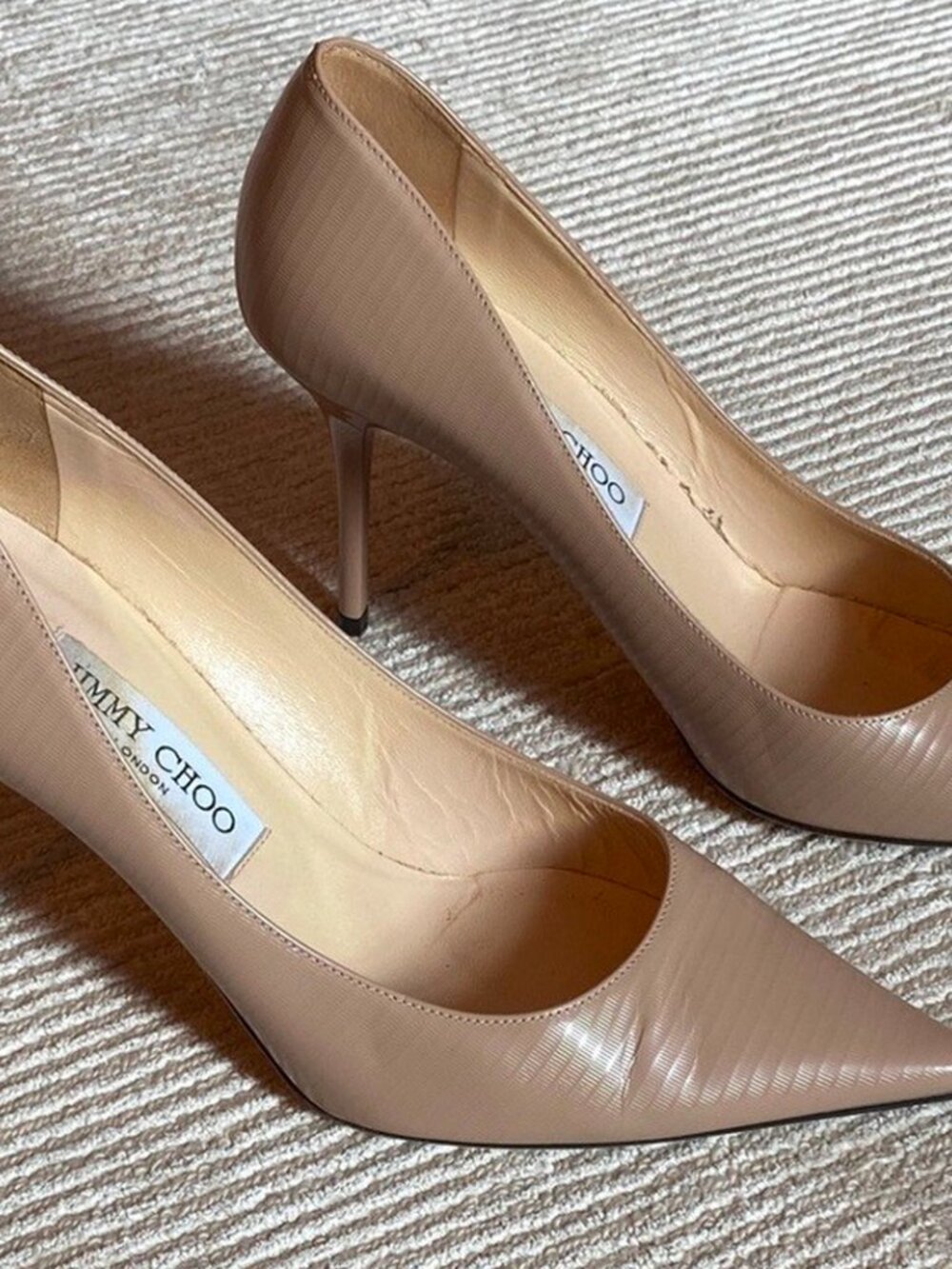 Jimmy Choo Love 85 Textured Leather Nude Tan Pumps Closed Toe Heels - Picture 2 of 8